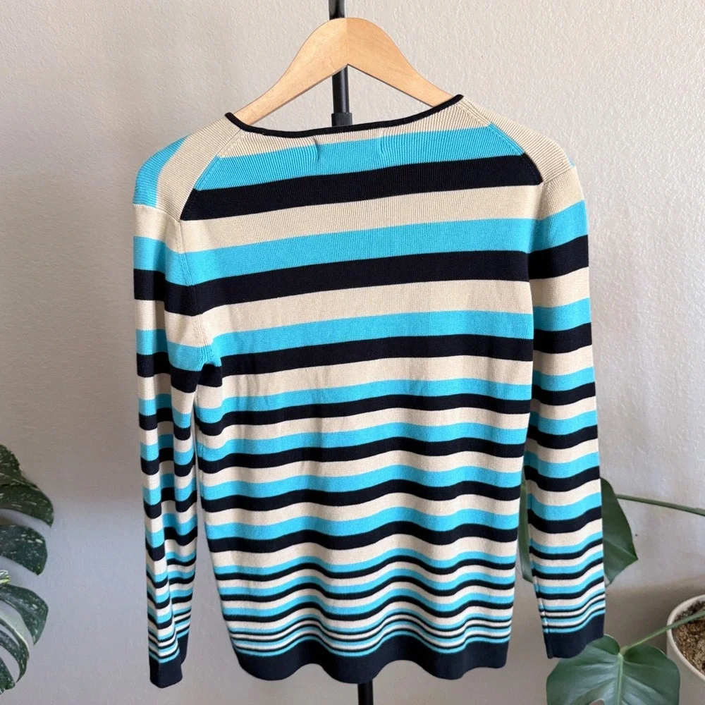 Jones Wear Womens Striped Crewneck Sweater Blue Black Tan Size Medium